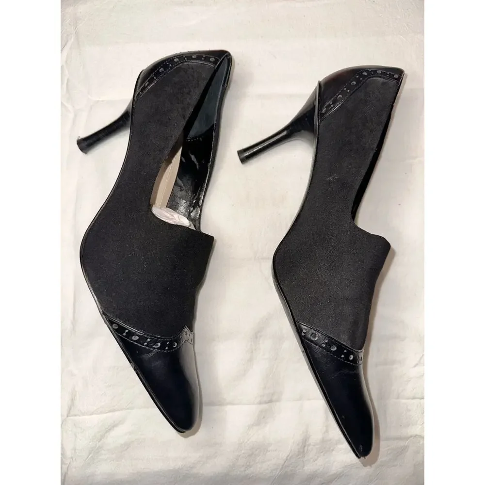 No.40 Carole Little Danny Black Suede and Leather Wingtip Pointed Toe Heels